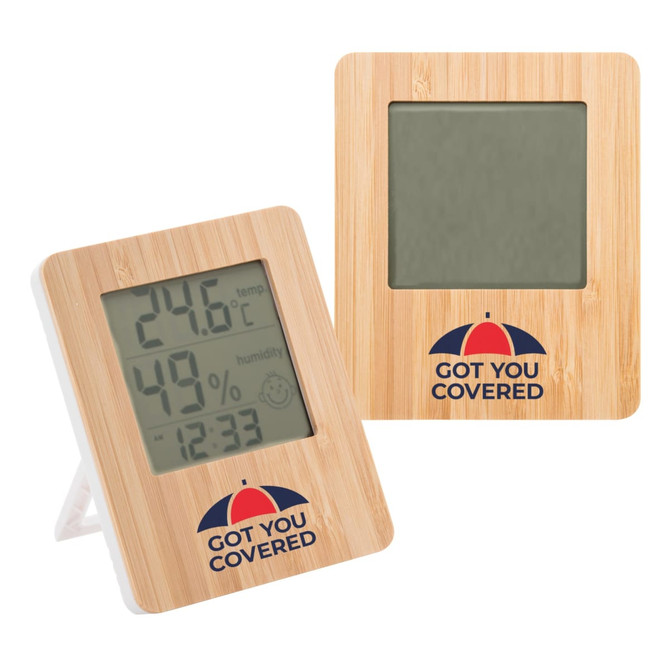 A bamboo desk clock featuring a digital display for temperature and humidity, with a stand and branding on the front.