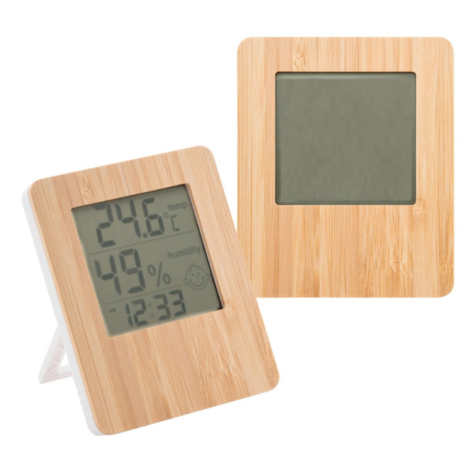 A bamboo desk clock featuring a digital display for temperature, humidity, and time, with a minimalist design.