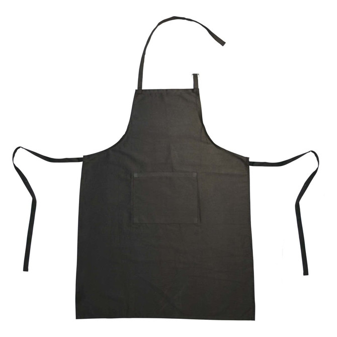A black recycled cotton apron with a front pocket and long ties for fastening. It features a logo.