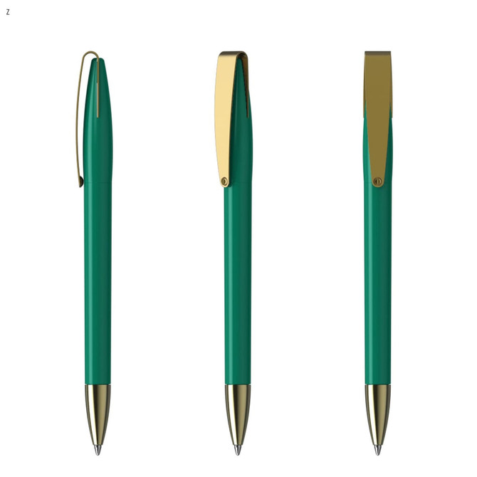 A set of green plastic pens with gold accents and clips, featuring a sleek design. Each pen has a logo.