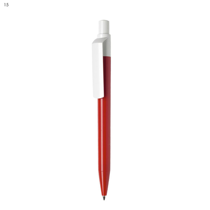 A red plastic pen with a white clip and a branding logo.