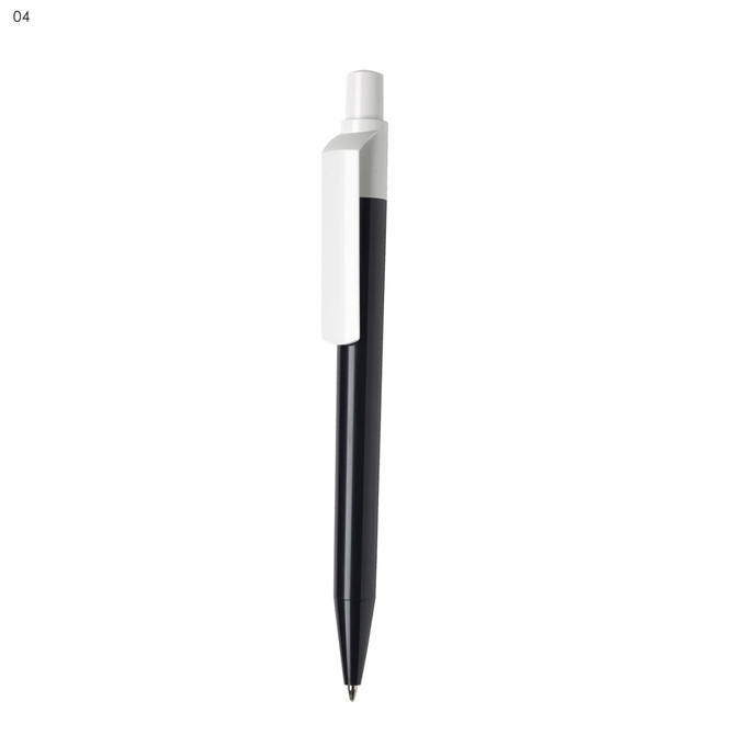 A black plastic pen with a white clip and branded logo on the side.