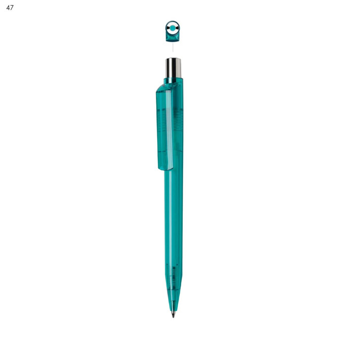 A teal plastic pen with a clear clip and a circular tip. The pen's design includes a branding logo.