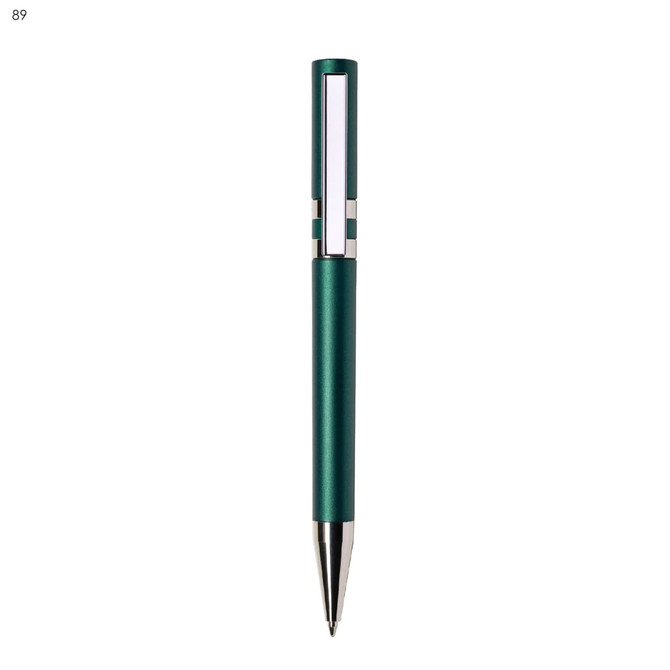 A green metallic pen with a chrome clip and accents, featuring a stylised design and a branding logo.