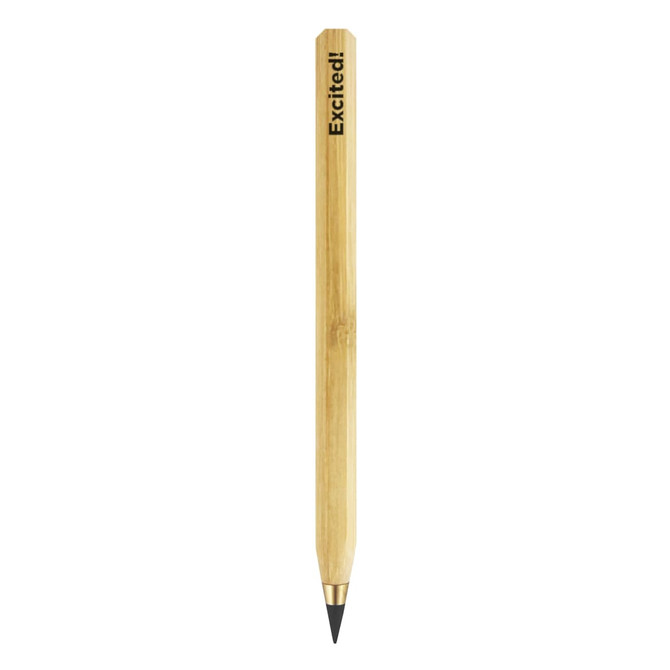 A bamboo pencil with a grey lead tip, featuring a sleek design and a branding logo.