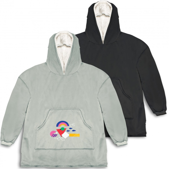 A grey and black hoodie featuring a plush interior and a front pocket with a colourful design.