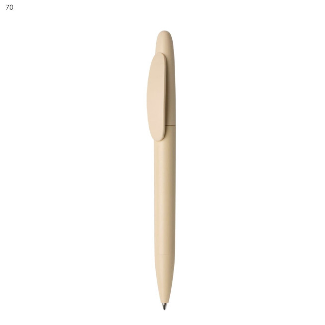A plastic pen in a light beige colour with a clip on the side and a rounded tip. It features a logo.