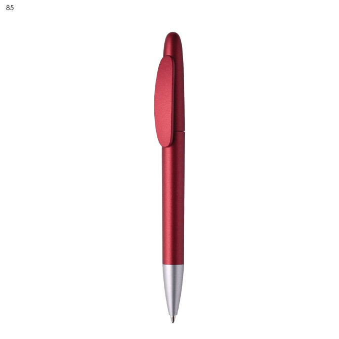 A red plastic pen with a silver tip, featuring a clip and a smooth finish. It has a logo branding on the barrel.