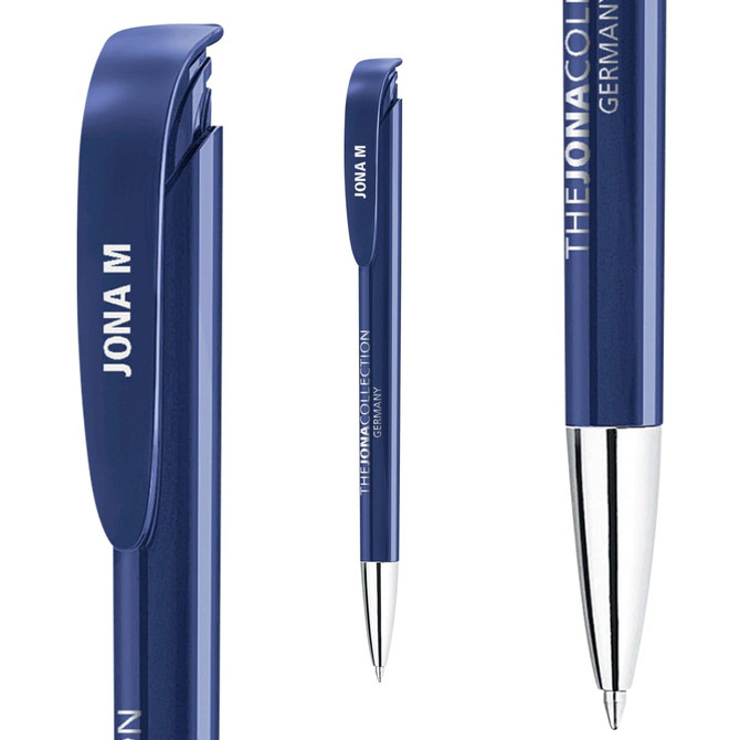 A blue plastic pen with a shiny finish, featuring a clip and a silver tip. The pen has a branding logo.