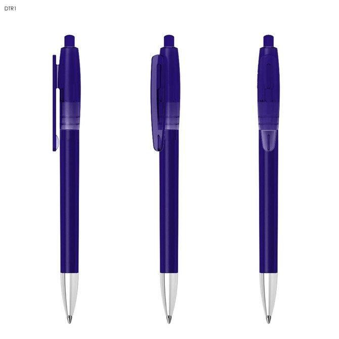 A purple plastic pen with a transparent body and silver accents. The pen features a clip and a retractable tip.