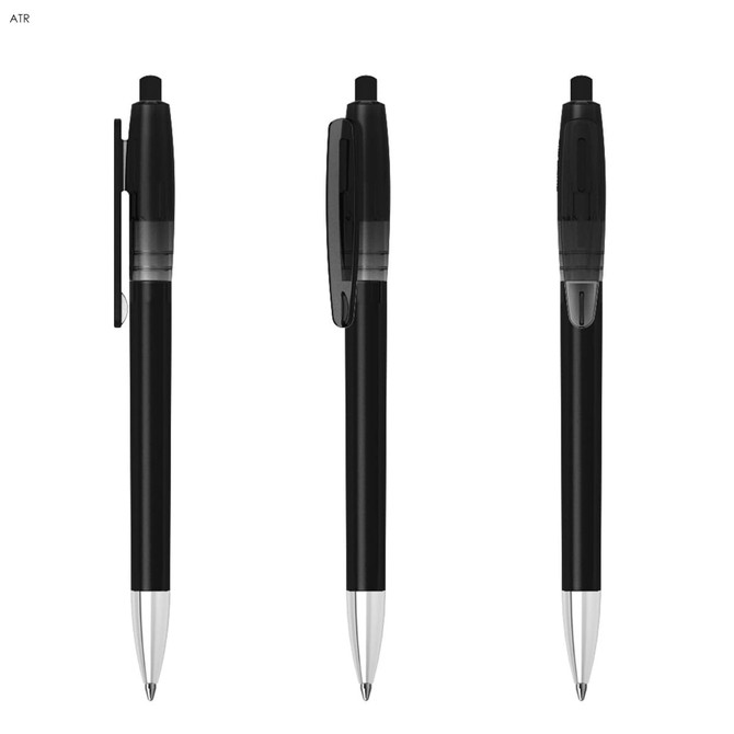 A black plastic pen with a transparent grip, featuring a silver metallic tip and a clip on the side.