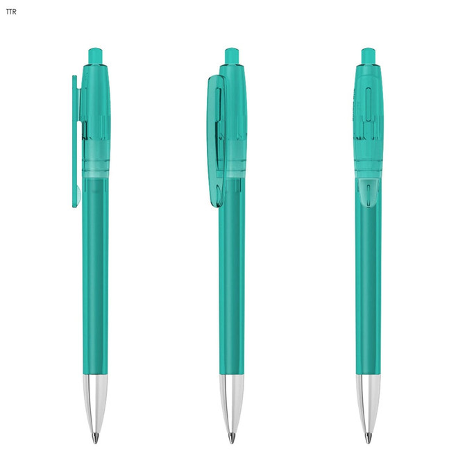 Three transparent teal plastic pens with silver tips and clips, featuring a retractable design.