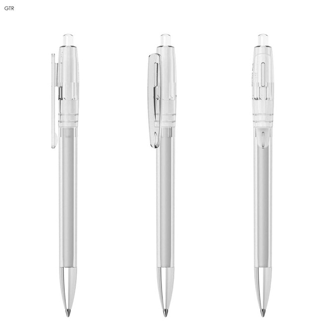 A set of three transparent plastic pens with silver accents and a visible clip. Each pen has a retractable design.