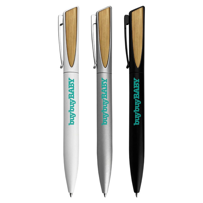 A collection of three metal pens in white, silver, and black, featuring wooden accents and a logo.
