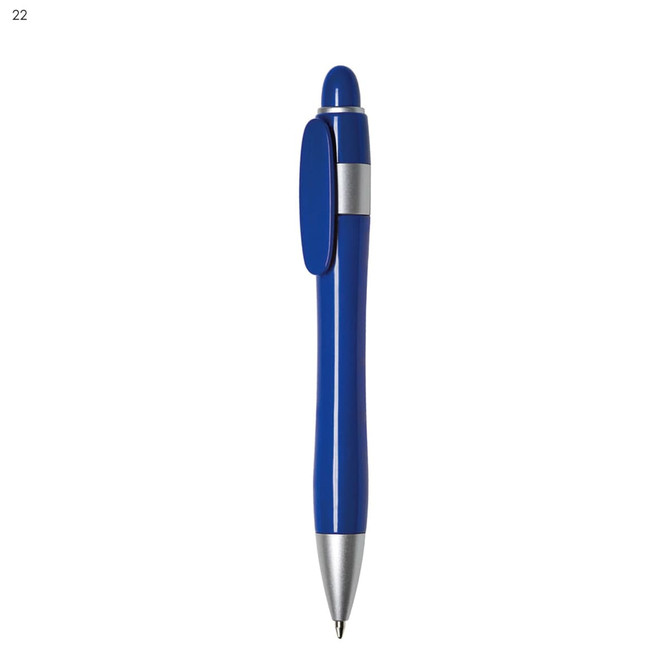 A blue plastic pen with a silver clip and tip, featuring a logo on the barrel.