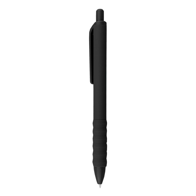 A black plastic pen with a ribbed grip and a clip, featuring a simple design. It has a branding logo.