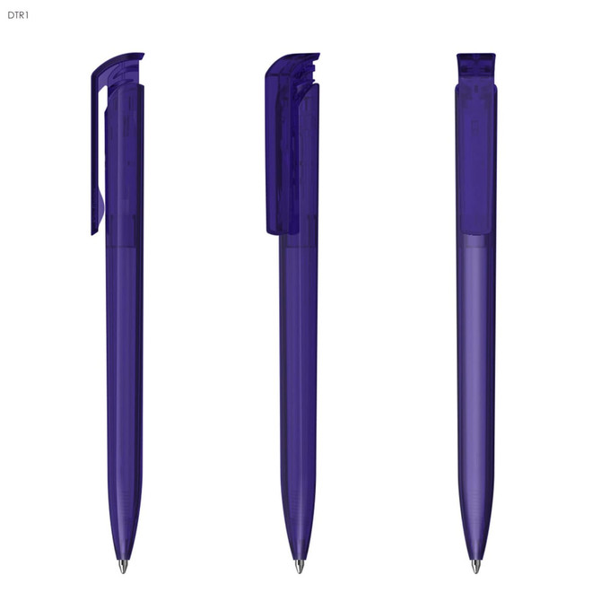Transparent purple plastic pens displayed from three angles, featuring a clip and a sleek design.