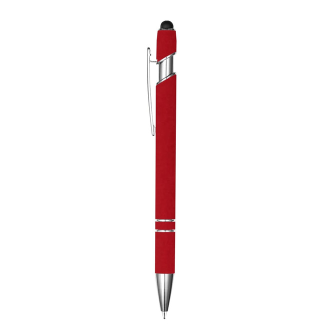 A red stylus pen with a silver clip and tip, featuring a sleek design and a branding logo.