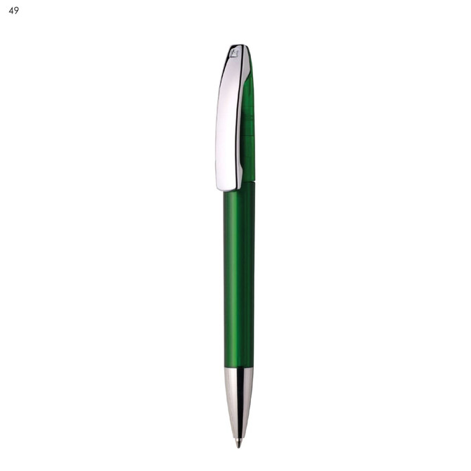 A green plastic pen with a chrome clip and silver tip, featuring a logo.