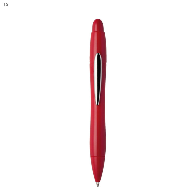 A red plastic pen with a smooth finish and a silver clip, featuring a logo.