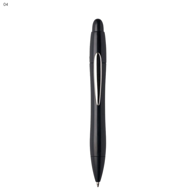 A black plastic pen with a sleek design and a silver accent. It features a logo on the body.