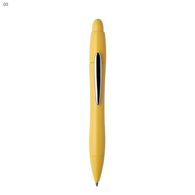 A yellow plastic pen with a sleek design and a silver clip, featuring a logo on the barrel.
