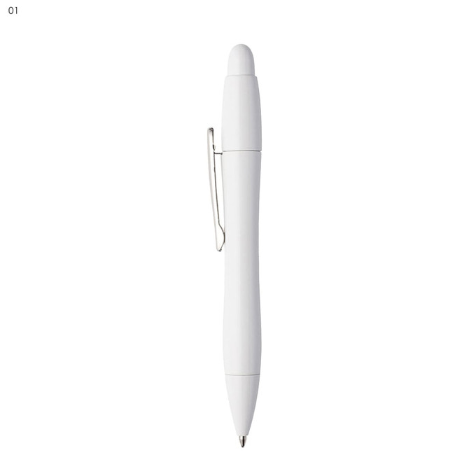 A white plastic pen with a silver clip and a rounded top. It has a sleek, smooth design and features a logo.