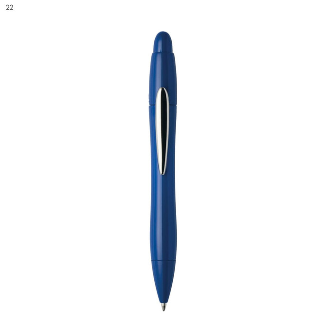 A blue plastic pen with a sleek design and a silver clip. The pen features a rounded top and a pointed tip.