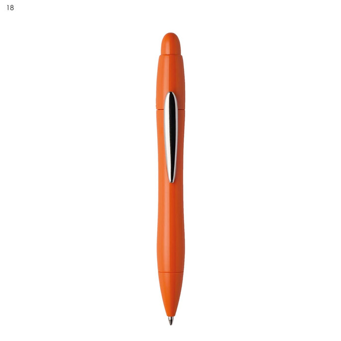 An orange plastic pen featuring a sleek design and a clip, with a logo on the barrel.