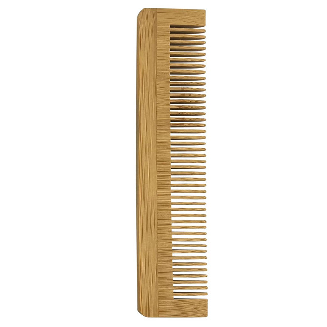 A bamboo comb with a smooth, natural wooden finish and wide teeth, featuring a simple design.