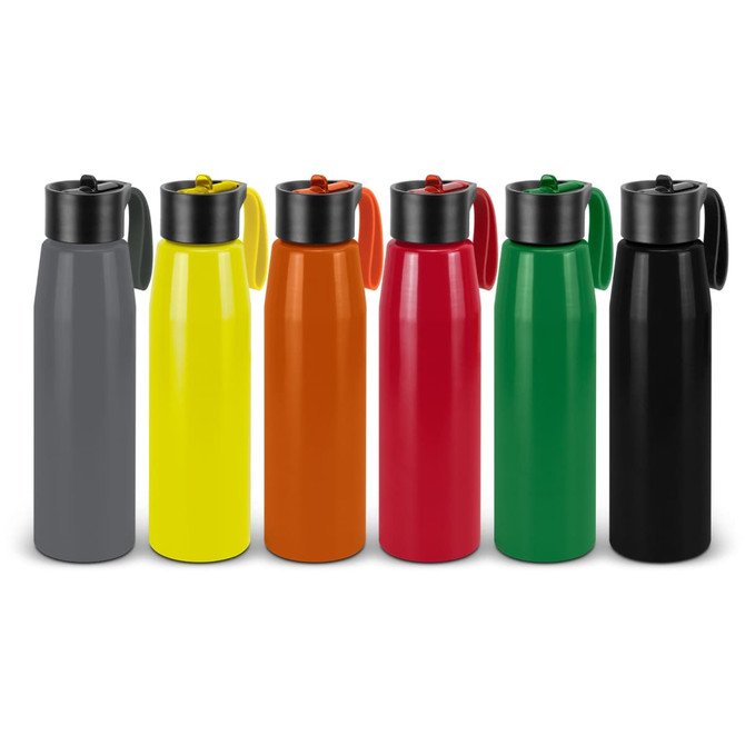 A drink bottle collection featuring six aluminium bottles in grey, yellow, orange, red, green, and black, each with a black lid.