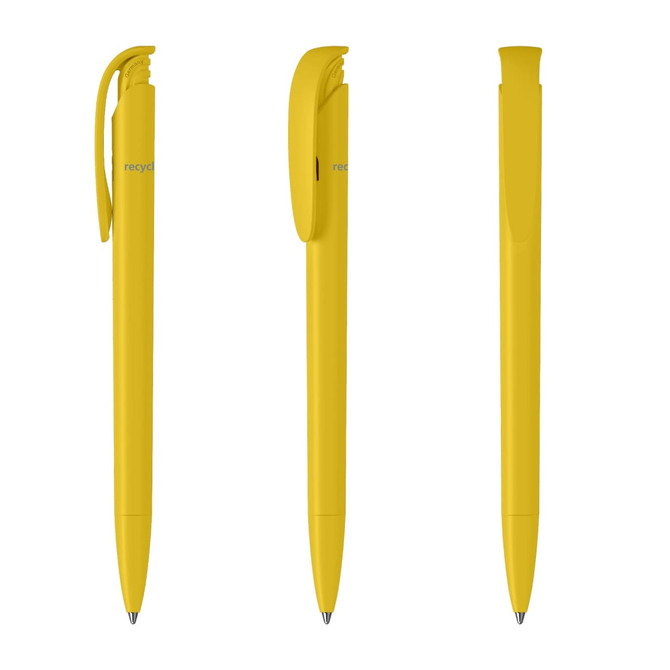 A yellow plastic pen with a recycling logo, featuring a clip and a smooth body design.