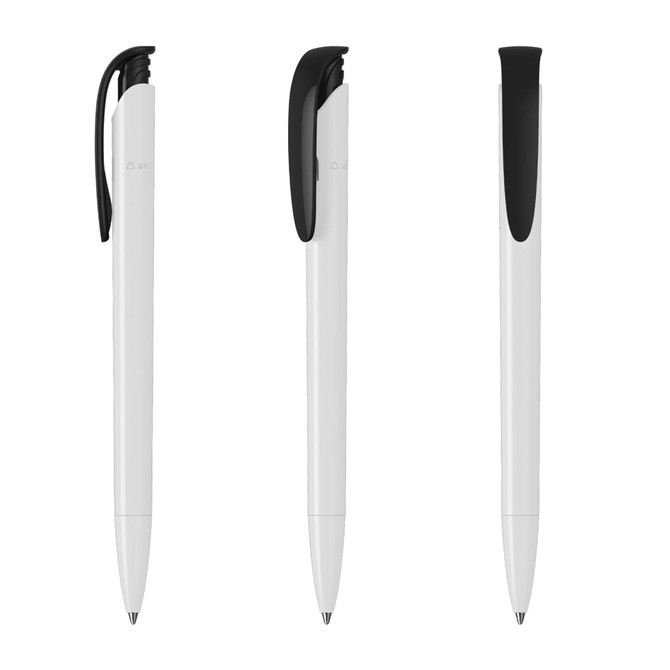 A set of white plastic pens with black caps and clips, featuring a logo on the barrel.