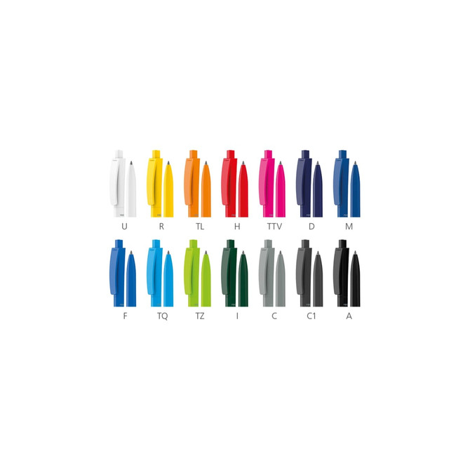 A selection of plastic pens in various colours including white, blue, green, red, yellow, pink, and black, with a logo.