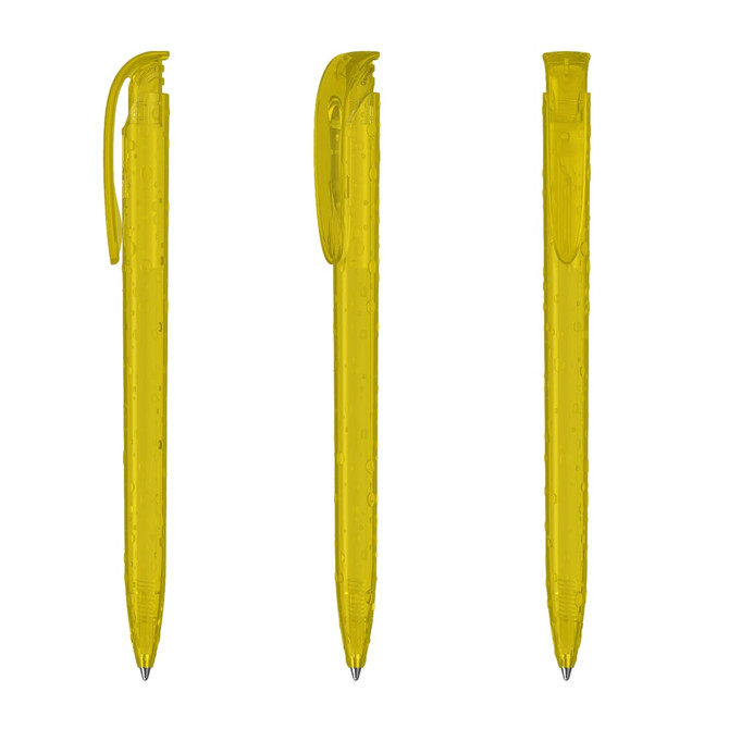 A set of three translucent yellow plastic pens, featuring a clip and a sleek design. Each pen has a rounded tip.