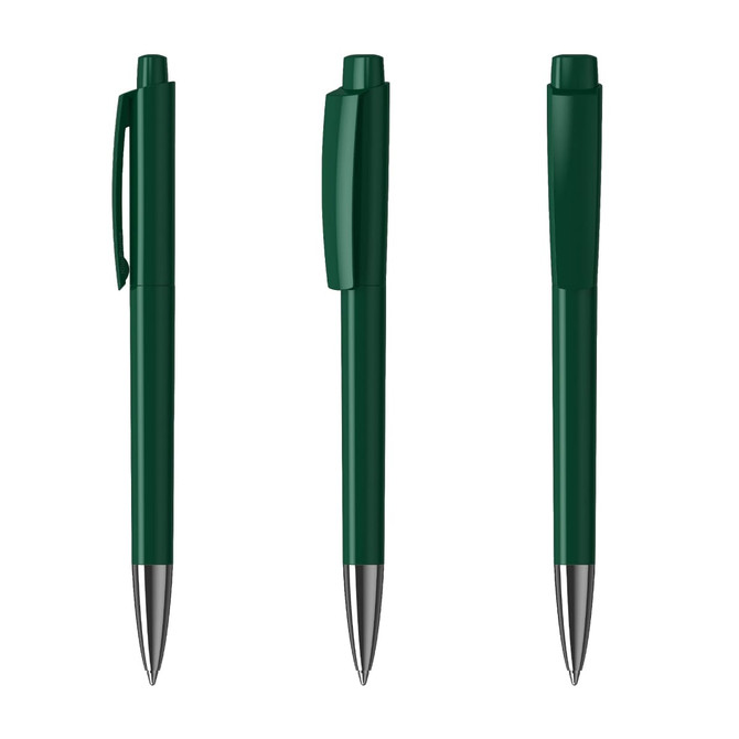 A set of three green metal pens with sleek designs, featuring a clip and a cap on the middle one. Each has a silver tip.