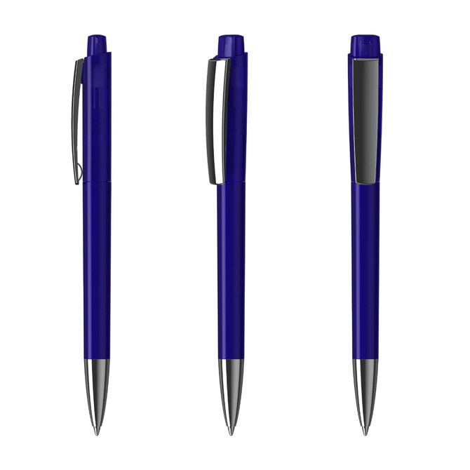 A set of three blue plastic pens with silver accents and clips, featuring a logo on the barrel.