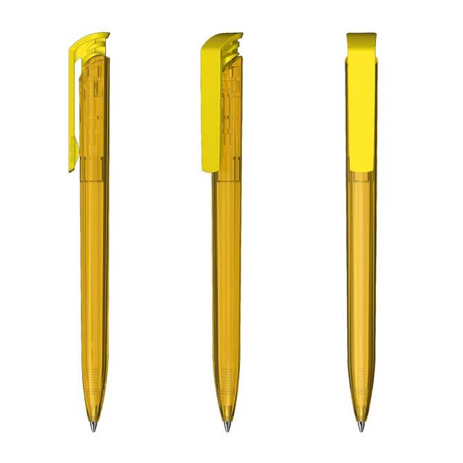 A set of three transparent high gloss plastic pens in yellow, featuring a clip and metallic tip.