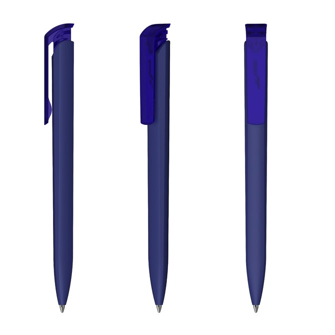 A plastic pen in dark blue, featuring a transparent body and a clip. The pen is shown from multiple angles.