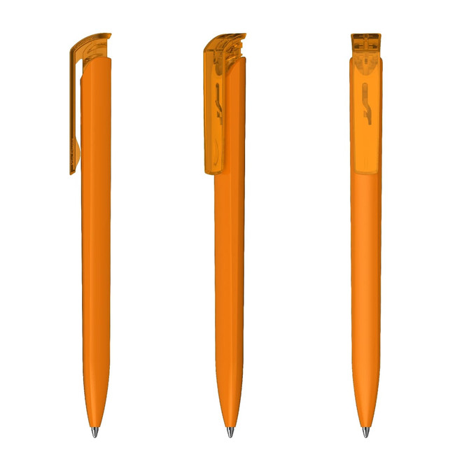 A set of orange plastic pens with high gloss finish and a clip, featuring a brand logo.