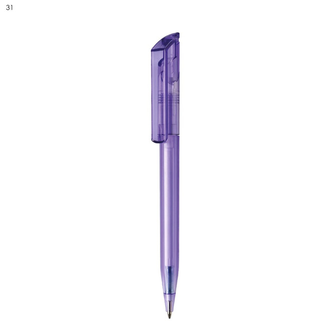 A purple plastic pen with a clear cap and a logo on the barrel.