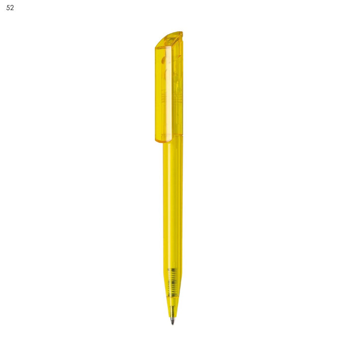 A yellow plastic pen with a translucent barrel and a cap. The pen features a logo.