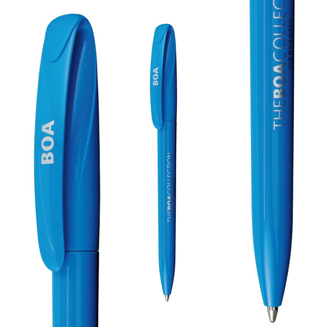 A blue plastic pen with a clip design and branding logo, featuring a smooth writing tip.