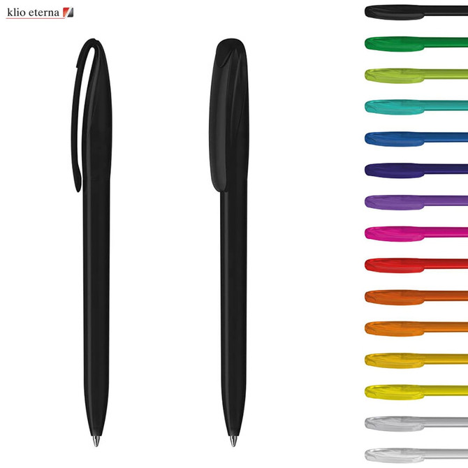 A set of plastic pens in various vibrant colours, with one black pen prominently displayed. The image includes a logo.