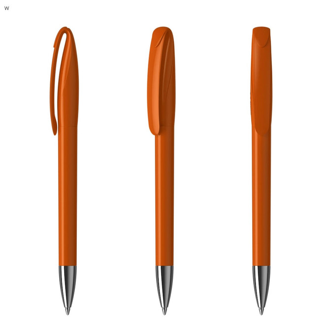 Three orange plastic pens with silver tips are displayed from different angles, featuring a simple design and a clip.