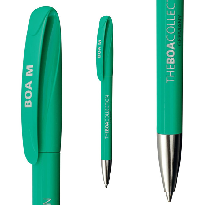 A turquoise plastic pen with a chrome tip and a branding logo on the barrel.