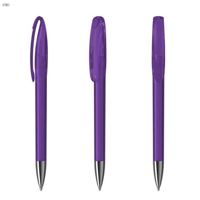 A purple plastic pen with a transparent barrel, featuring a removable cap and a silver nib.