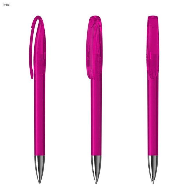 A set of three transparent pink plastic pens with silver tips and click mechanisms. Each pen has a clip for attachment.