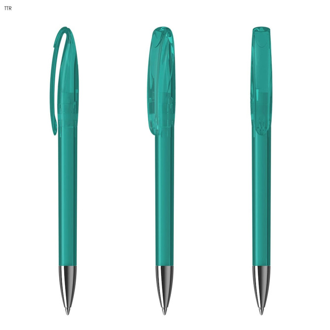 A transparent turquoise plastic pen with a clip and a silver nib, featuring a sleek design.