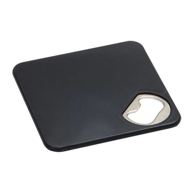 A drink bottle opener coaster in black with a metal bottle opener cutout, featuring a logo.